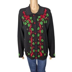Arriviste Vintage Black Embroidered Christmas Sweater L